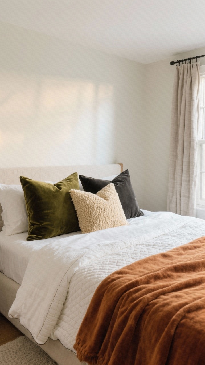 Wide shot of a fall-refreshed bedroom: flannel or percale sheets in soft white, a textured quilt layered under a plush duvet; velvet and boucle pillows in olive, cream, and charcoal, balanced with 1–2 neutral cushions; heavier linen-blend, lined curtains framing the window. Color palette options shown: olive + cream + charcoal; or rust + camel + soft white as accent layering at the foot of the bed. Gentle morning light for calm coziness.