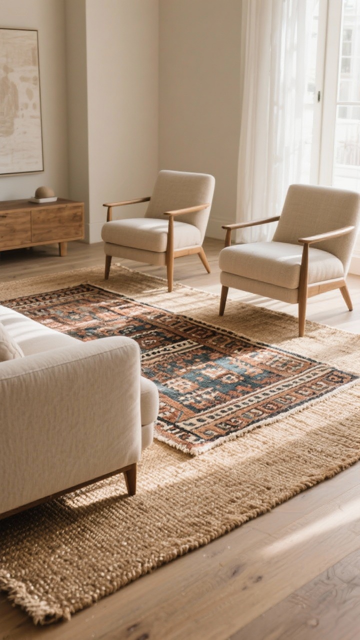 Wide shot of a floor-focused scene: a neutral jute base rug anchoring the seating area with a smaller patterned kilim layered on top; front legs of sofa and accent chairs placed on at least one rug layer for cohesion; a rug pad edge subtly hinted; warm, natural afternoon light grazing the rug textures to convey plush warmth.