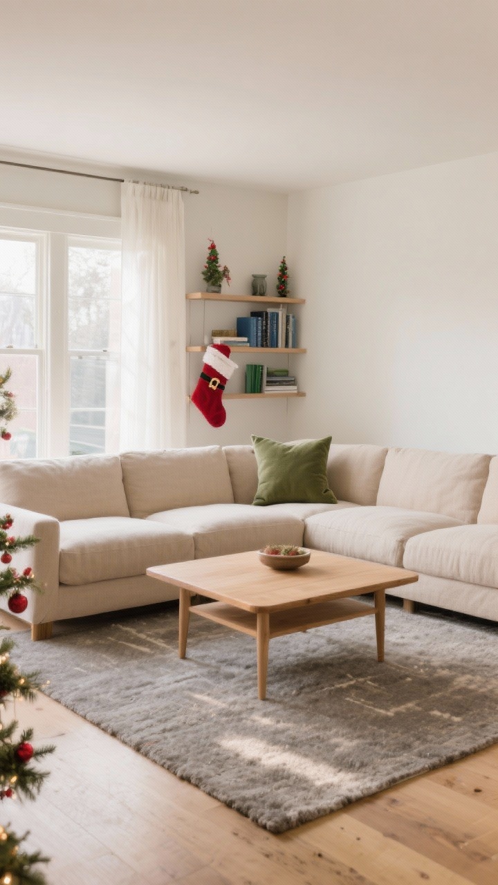 Wide shot of a freshly edited living room in daylight, straight-on view: neutrals-only palette cleanse with creams, warm beiges, taupes, and soft woods; the space looks calm and airy after overt holiday items are removed (no Santas/stockings/ornaments). Include a linen sofa in mushroom-beige, light oak coffee table, gray-taupe area rug, and a single accent color via sage throw pillow. Subtle slate and dusty blue books on a shelf, no red or green decor. Clean, cozy, quietly chic mood.