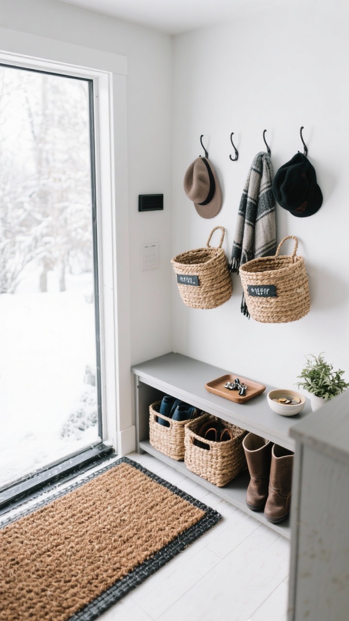 Wide shot of a functional entryway in winter, overhead-to-corner angle: coir or rubber mat outside the threshold and an absorbent runner inside. Wall-mounted hooks—one per person—with labeled woven baskets below for hats and scarves. A slim bench with a hidden shoe shelf partially visible with neatly stored boots. Small tray for keys, a shallow bowl for change, and a tiny plant on a narrow console. Clean, real-life organization, bright cool daylight.