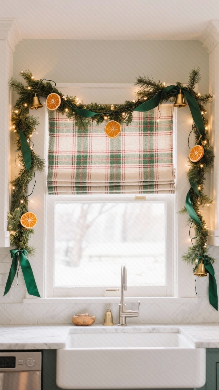 Wide shot of a kitchen window framed by a thin, flexible cedar garland woven with micro fairy lights, adorned with a few dried orange slices and tiny brass bells. Ribbon tails in forest green soften the corners. Optional seasonal fabric roman shade in winter plaid (cream, green, and subtle red) partially lowered. Shot straight-on to the window, daylight filtering through for a gentle, luminous atmosphere without blocking light.
