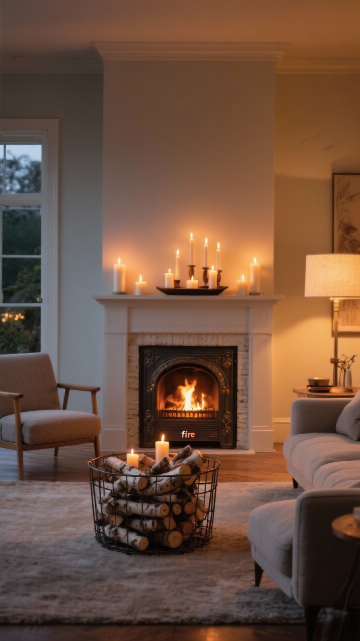 Wide shot of a living room anchored by a faux fireplace focal point: an electric stove heater with a vintage look centered against a wall, flanked by a candle hearth arrangement with pillar candles at varying heights on a tray; a metal basket stacked with birch logs nearby; seating arranged in a semi-circle (sofa and two chairs) facing the “fire”; warm, flickering light dominates the scene, evening ambience, photorealistic.