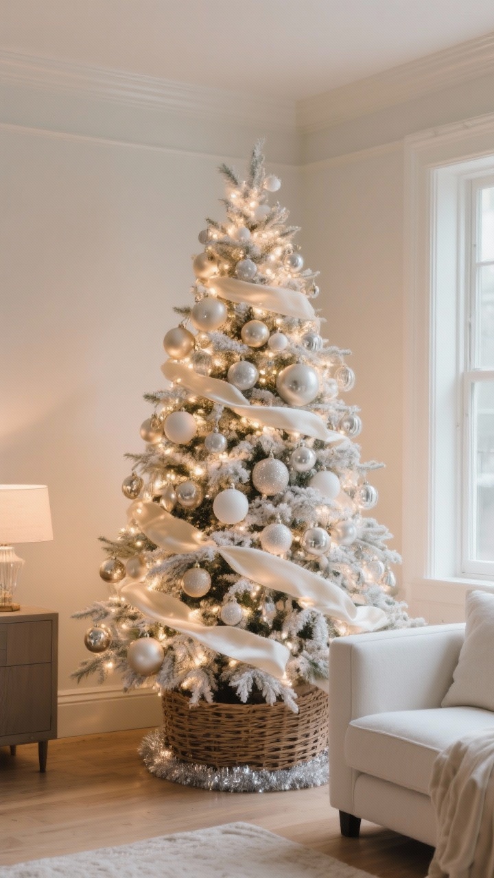 Wide shot of a living room corner featuring a balanced Christmas tree as the main event; choose a snowy neutrals theme with white, champagne, and silver ornaments. Show meticulous branch fluffing, lights wrapped from trunk to tip at high density, layered ornaments with large matte balls tucked deep inside, medium satin ornaments mid-branch, and small special glass ornaments on the outer edges. Use soft ribbon strips (2–3 ft) in ivory velvet tucked at slight angles instead of tinsel, and finish the base with a woven oversized basket tree collar hiding the stand. Warm, cozy evening lighting.