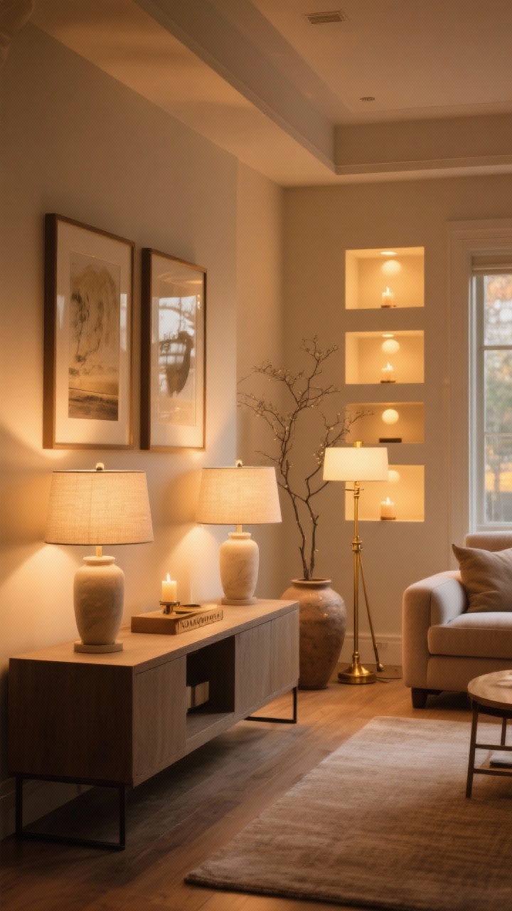 Wide shot of a living room lit for “golden hour” ambiance: multiple warm white (2700K) light sources at different heights—a pair of table lamps with linen shades on a console, a brass floor lamp with a dimmer casting a soft pool of light by the sofa, picture lights above framed art, subtle LED puck lights glowing within built-in shelves, and a delicate lit branch in a ceramic vase; overall warm, candlelit lounge mood, no overhead glare, smart bulb warmth.