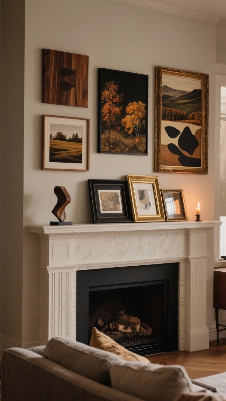 Wide shot of a living room wall and mantel featuring a fall art rotation: downloadable landscape prints and moody abstracts in walnut, matte black, and antique brass frames; a mini-gallery on the mantel with layered leaning frames, a small modern sculpture, and a single candle; overall palette rich and subdued; warm ambient light creating depth without glare.