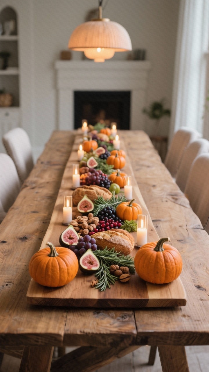 Wide shot of a long wooden breadboard centerpiece styled as edible decor: two medium pumpkins anchoring opposite ends, a line of small pumpkins down the center, with figs, grapes, nuts, berries, and herb sprigs (rosemary/thyme) filling gaps. Slim LED votives slide between items. Narrow rectangular table, rustic yet polished, appetizing textures, warm overhead pendants.