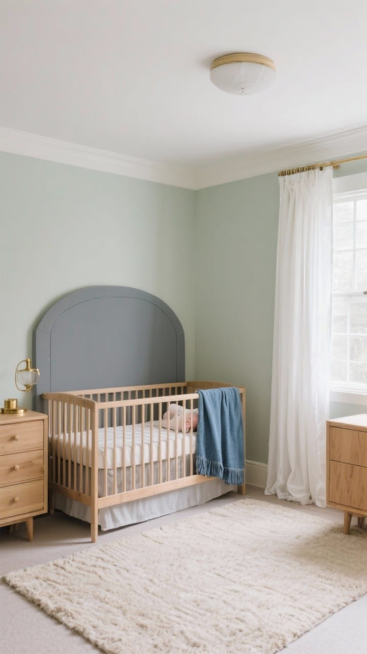 Wide shot of a serene baby boy nursery with a calm, layered color palette: sage, slate, sand, and warm white. Matte-finish walls with a whisper-soft painted ceiling, natural wood crib and dresser, warm white curtains, and a soft sand-toned washable rug. Add subtle brass accents and a single denim blue throw for depth. Soft daytime natural light, cozy and timeless, photorealistic.