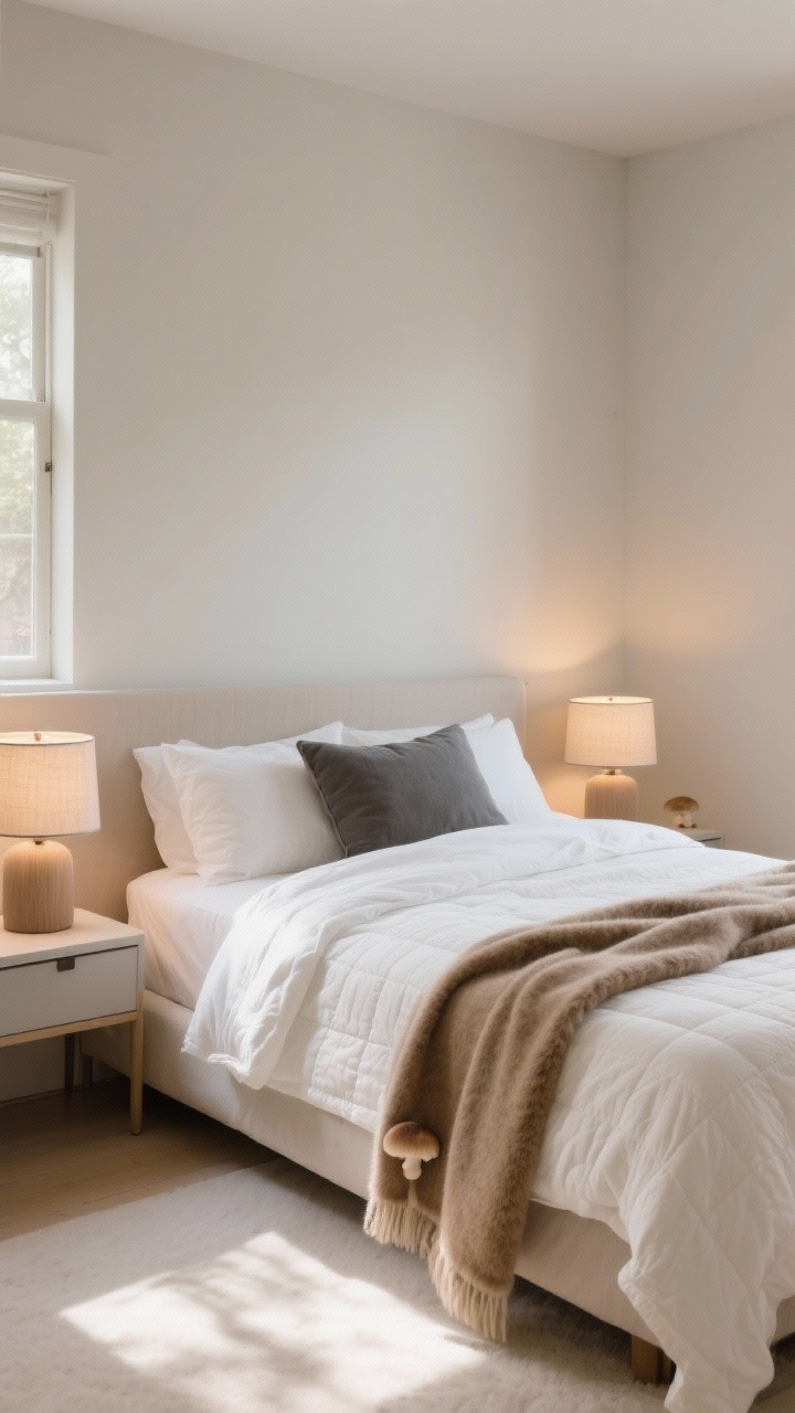 Wide shot of a serene bedroom from a corner angle in morning light: bed layered with cotton percale sheets (crisp white), a lightweight quilt (oat), and a duvet folded at the foot (cloud white). Add a mushroom-colored throw in wool or faux fur draped across. Soft bedside lamps with fabric shades and warm bulbs on minimal nightstands. Palette of mushroom, oat, cloud white, hint of slate in a pillow. Cozy hibernation mood.