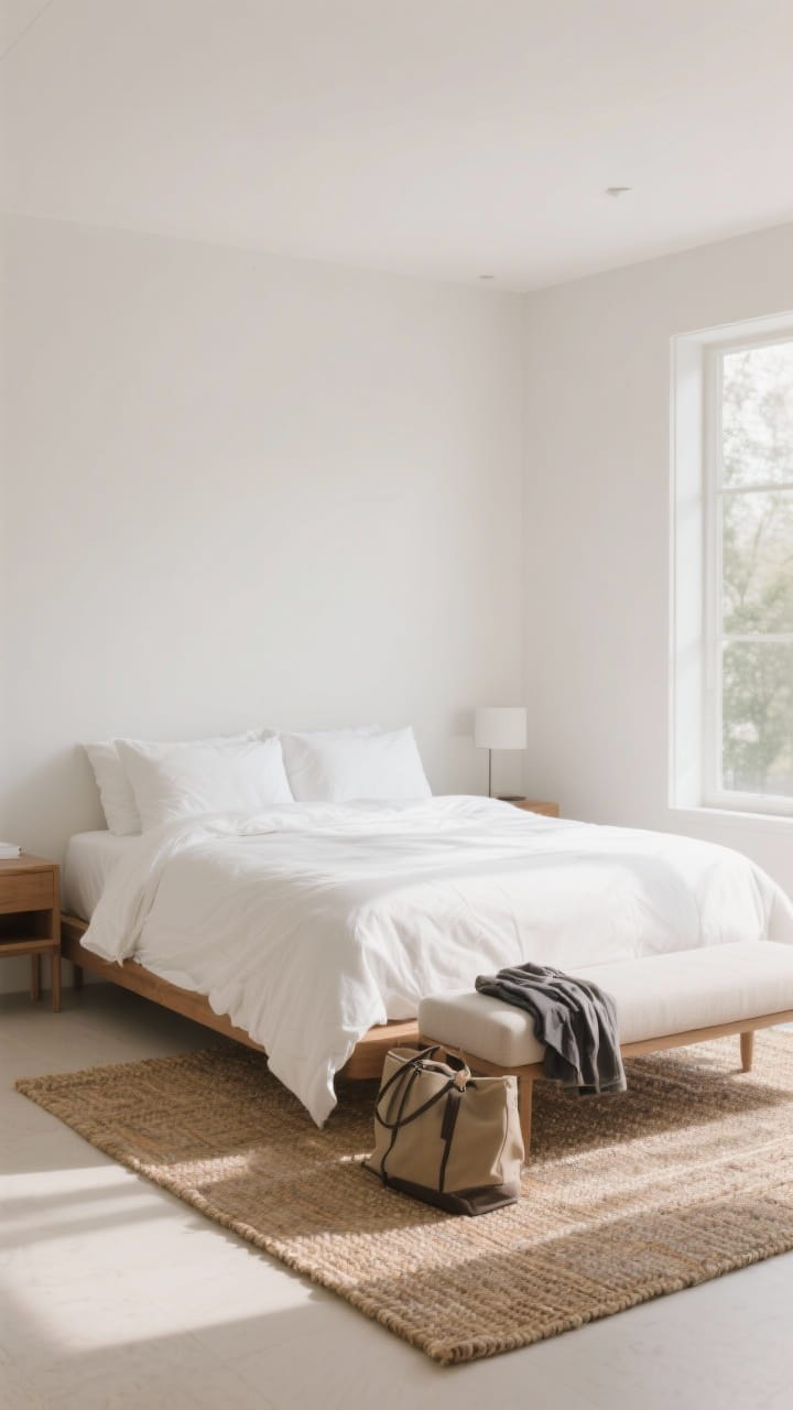 Wide shot of a serene bedroom where a queen bed is floated about a foot off a soft white wall, with 24–30 inches of clear walking space around it; plush white duvet draping luxuriously for hotel vibes, a low upholstered bench at the foot holding a bag and neatly folded clothes, and a large woven rug anchoring the bed island; natural morning light, calm neutral palette with warm wood tones, no people, photorealistic.