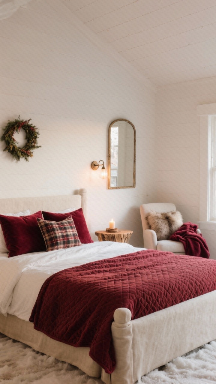 Wide shot of a serene holiday bedroom: neutral base in white and flax with a burgundy quilt or throw folded at the foot of the bed, burgundy velvet shams, and a single plaid accent pillow; bedside styling includes a small wreath hung on a mirror or sconce; an accent chair holds a folded burgundy blanket and faux fur pillow; woodsy candle lit for a winter-chalet vibe; soft, warm evening lighting.