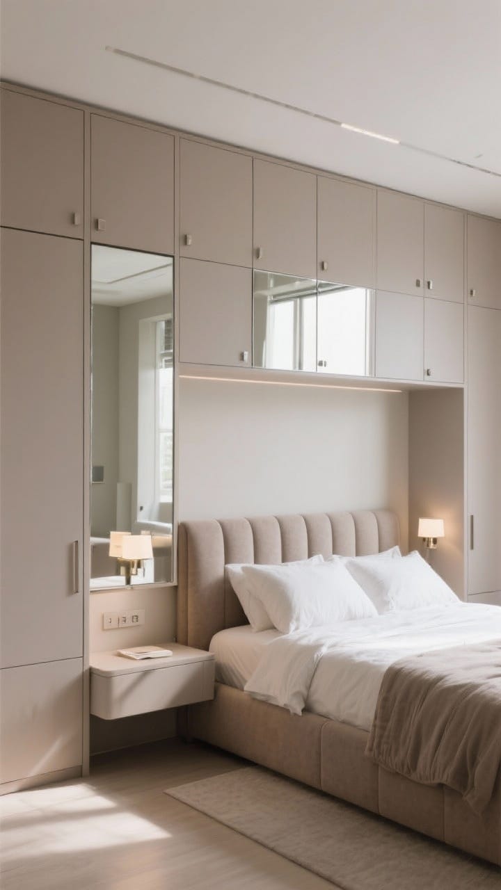 Wide shot of a smart storage wall behind a bed: shallow wardrobes (14–20 inches deep) flanking an upholstered headboard with overhead bridge cabinets; mirrored wardrobe doors reflecting light and doubling as vanity, integrated wall sconces on the headboard for nighttime reading; smooth closed cabinetry in soft taupe with minimal hardware, clean walkway in front; soft, diffused daylight, photorealistic.