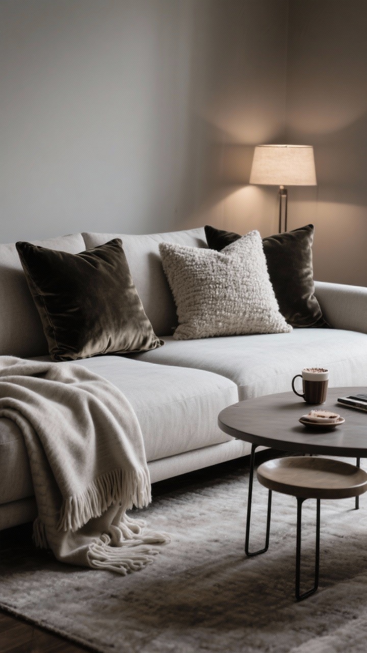 Wide shot of a sofa styled for movie marathons: pillow formula—two large squares, two mediums, one lumbar—mixing velvet, bouclé, and linen within a tight winter palette; throws with one folded neatly and one casually draped; a slim C-table and a small nesting table positioned for hot cocoa within reach; plump cushions with upgraded inserts for a lifted look; dim, cozy ambient lighting.