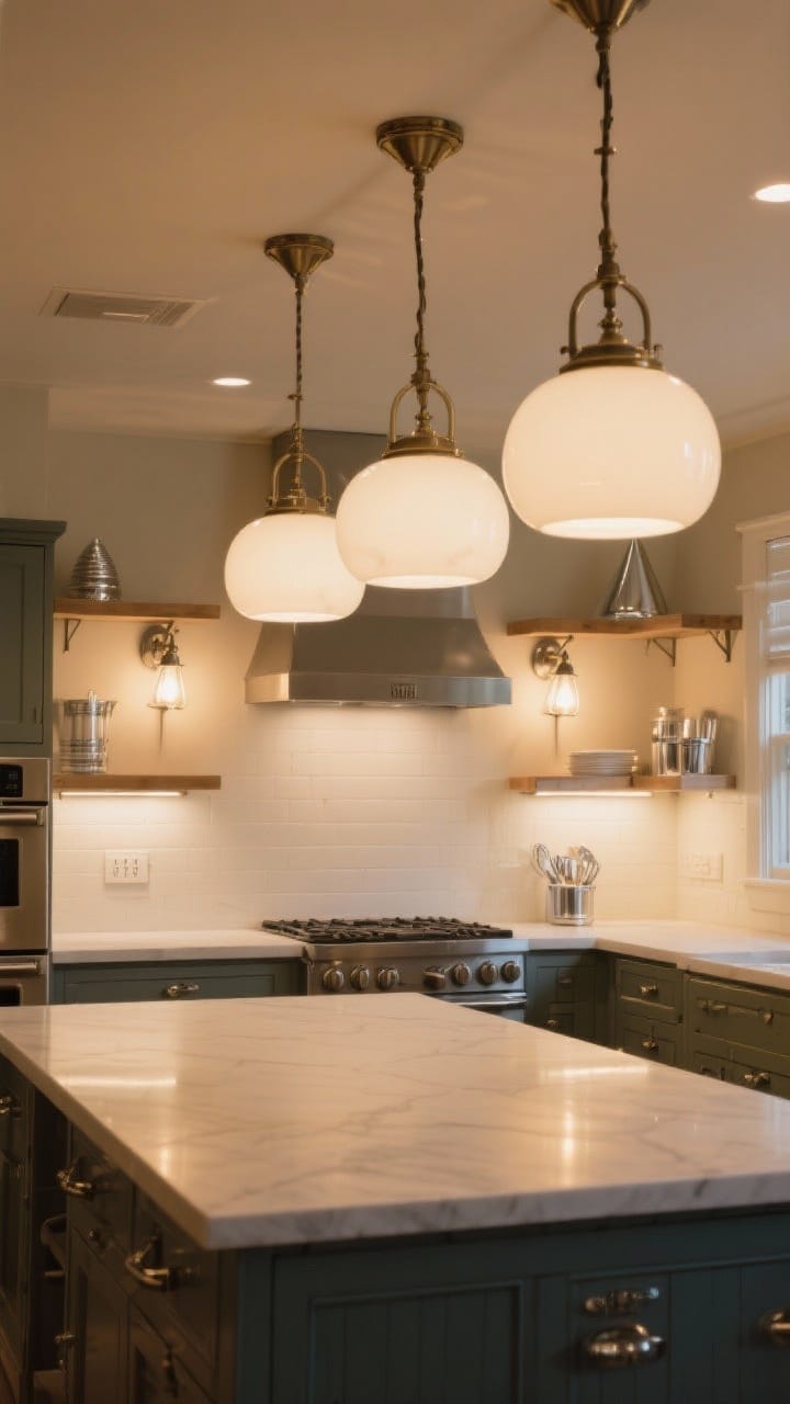 Wide shot of lighting focus: A retro kitchen with oversized milk-glass globe pendants above an island, a central schoolhouse ceiling light, and cone sconces in chrome flanking open shelves; consistent metal finishes with matching chrome hardware; warm bulbs at 2700–3000K create a soft, flattering glow; dimmers set to evening ambience; layered lighting defines ambient, task, and mood zones.