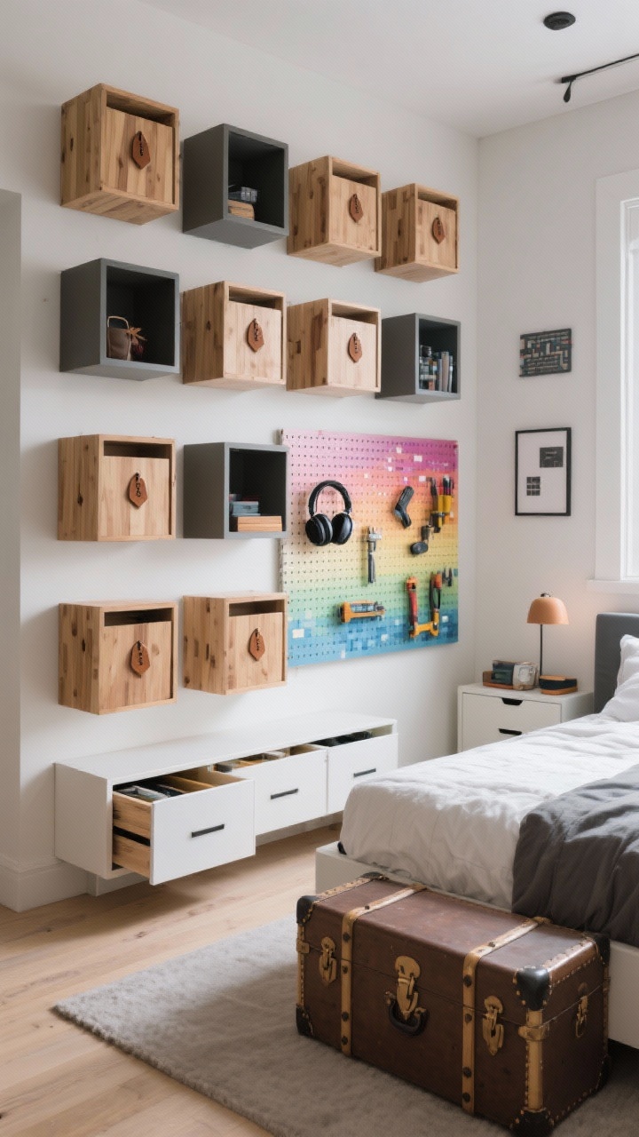 Wide shot of storage wall: cube organizers with wood-look bins labeled with small leather tags for subtle RPG flair, staggered floating shelves arranged in a grid like pixel art, under-bed drawers partially pulled out, and a pegboard painted in a pixel gradient holding headphones and small tools; a large trunk at the foot of the bed; bright, organized, contemporary vibe; photorealistic, corner angle.