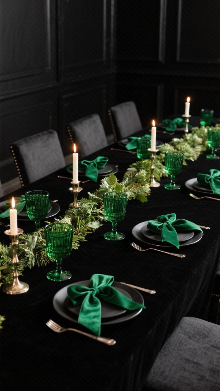 Wide shot of the full black tablescape with a single accent color repeated: choose emerald as the accent—emerald green glassware, satin ribbon bows tucked into the garland, and two small emerald velvet bows near candleholders; the rest remains black with subtle metals; warm candlelight and restrained repetition of green exactly three times for cohesion; photographed from a corner angle to show rhythm along the table.