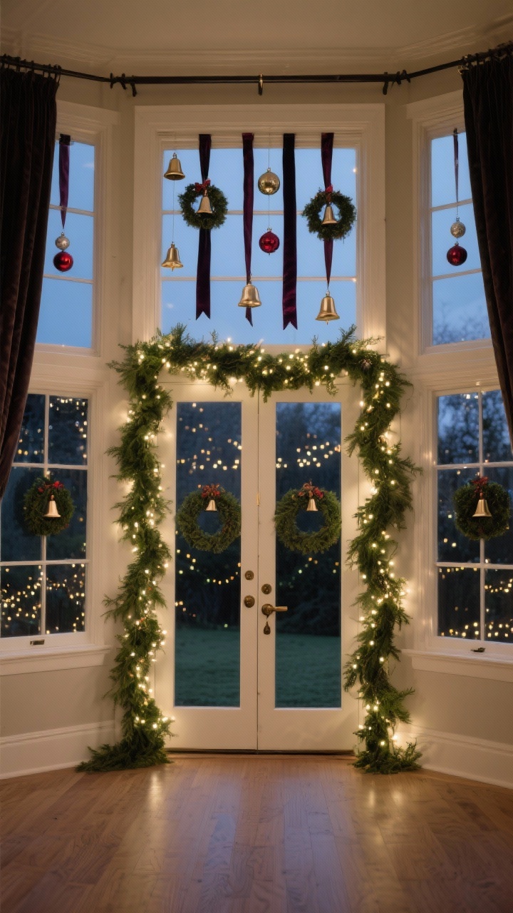 Wide shot of windows and an interior doorway dressed for drama: greenery garland framing a large doorway with micro lights woven through, and a curtain rod above a window displaying ornaments hung at varied lengths on deep velvet ribbon in colors cohesive with the room’s palette. Add small bell swags or mini wreaths to interior doorknobs for subtle sparkle and sound. Evening setting with twinkling micro lights.