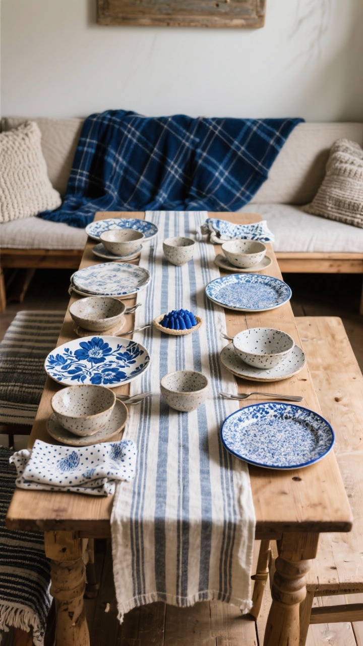 Wide shot, straight-on view of a cozy dining setup with layered textiles: a striped runner anchoring the table, mixed blue patterns (one bold floral, a subtle stripe, a tiny dot) in napkins and plates, plus varied scales. Drape a navy or blue plaid throw over the back of bench seating. Include textured solids like knit and linen and stoneware on the table. Add a small surprise: blue-edged dessert plates or speckled bowls set at the end of each place setting. Warm, inviting lighting, photorealistic, no people.