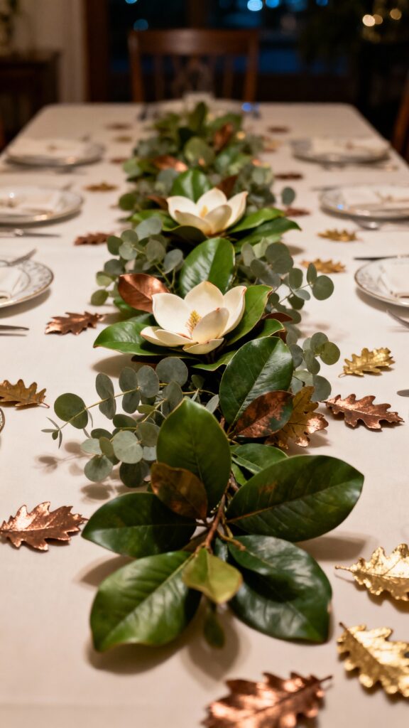 Wide shot, straight-on view of a lush leaf runner draped down the center of a table. Base greens layered with faux magnolia, eucalyptus, and ruscus, then textured with dried oak leaves, seeded eucalyptus, and a few berry stems. Metallic highlights: select leaves and seed pods lightly spray-painted in gold and bronze, tucked in for subtle glam. Everything nestled tightly; optional floral wire hints are hidden. Ambient evening lighting with soft reflections off metallics, photorealistic, no people.