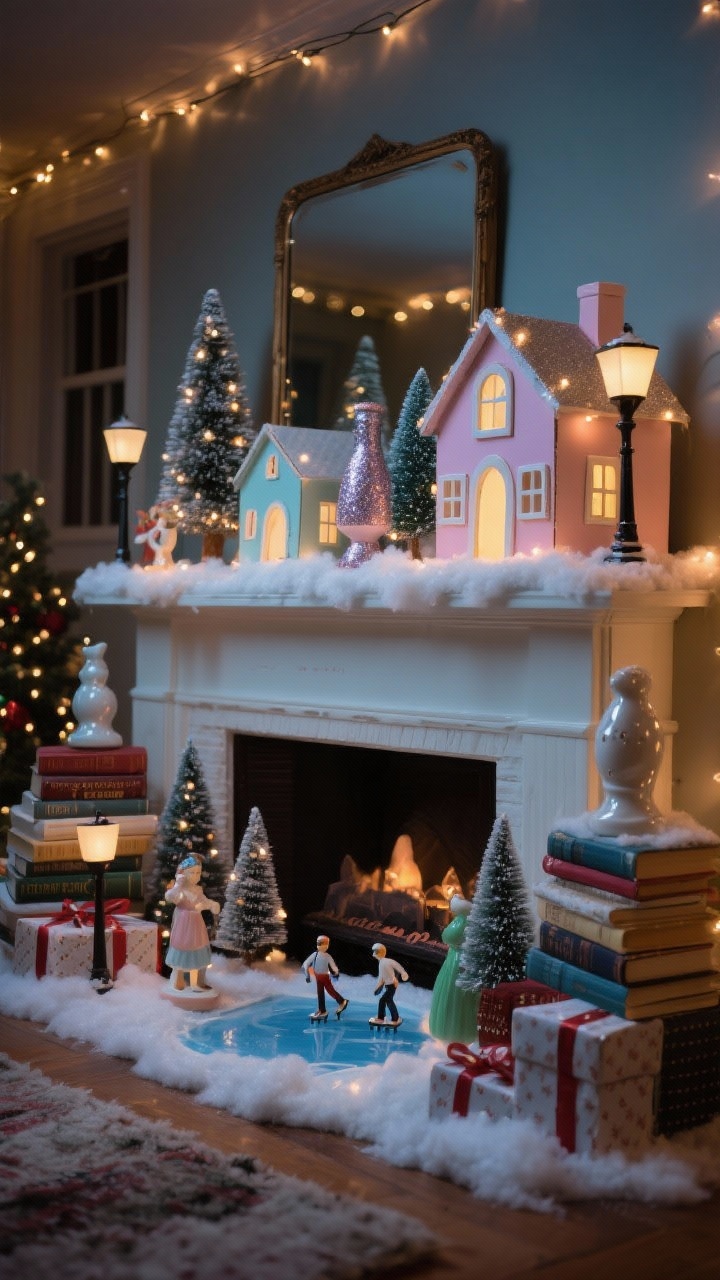 Wide, slightly elevated angle of a retro mini village across the mantel: pastel cardboard houses with cutout windows, glittery bottle-brush trees in varying sizes, glossy ceramic figures, and tiny lampposts; layered heights created by stacked books, risers, and wrapped boxes hidden under fluffy faux snow; micro-LED strands tucked inside the houses for a cozy nighttime glow; a small mirror “frozen pond” with miniature skaters; overall 1950s holiday movie-set vibe, dimmed room with twinkling lights