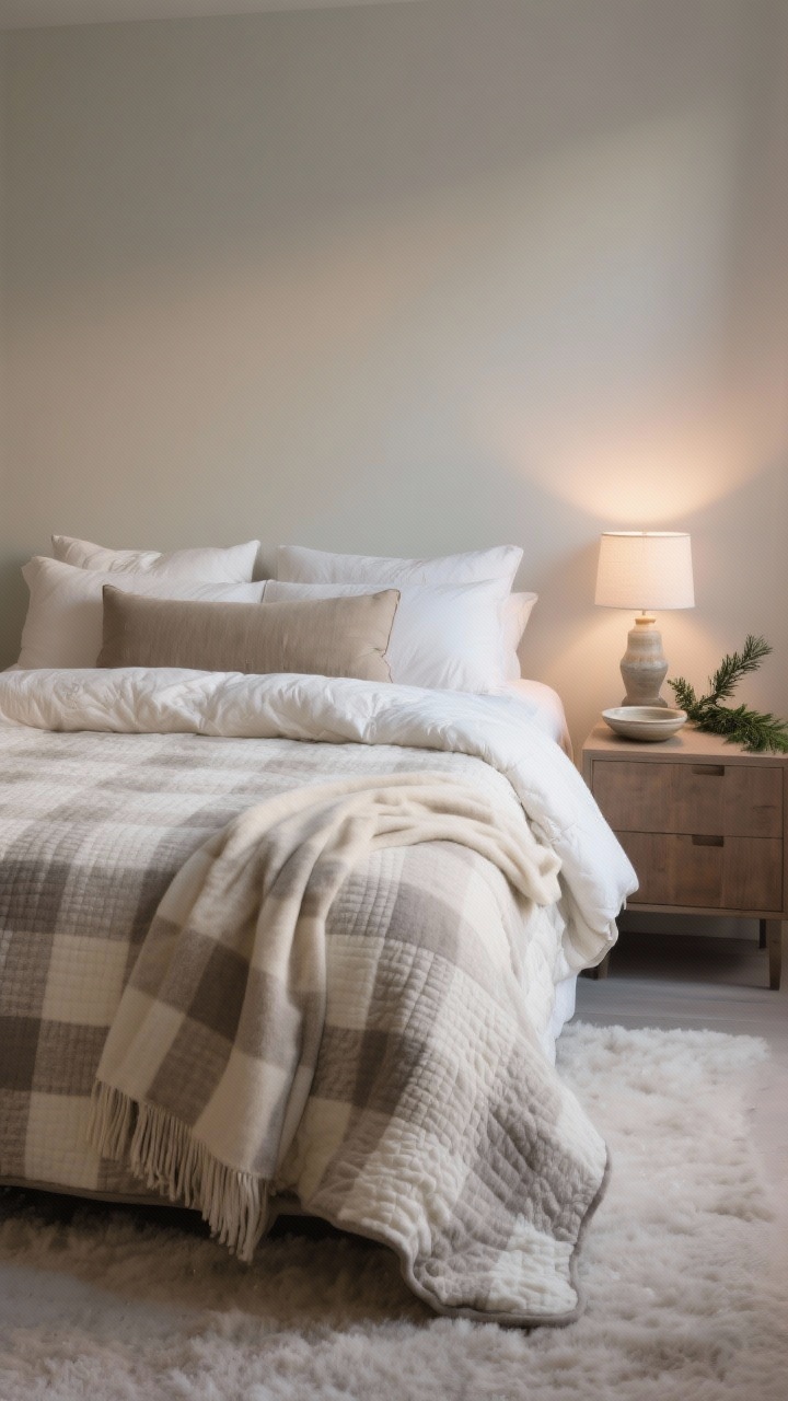 Wide, straight-on bedroom shot of a cloud-like winter bed: flannel sheets in cream/stone soft plaid as the base, a textured quilt/coverlet in the middle, topped with a lofty down duvet. Finished with a long lumbar pillow and a folded throw at the foot. Nightstand holds a small lamp, ceramic dish, and a sprig of greenery. Calm palette, soft evening glow.