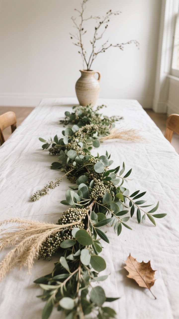 Wide table view focusing on seasonal greenery: a low, lush garland of seeded eucalyptus and olive branches running the length of a long table so sightlines remain clear, asymmetrically tucked dried grasses and a few oak leaves; at one end, a ceramic jug holds taller foraged branches for gentle height; natural daylight creates a fresh, gathered-from-the-yard look.