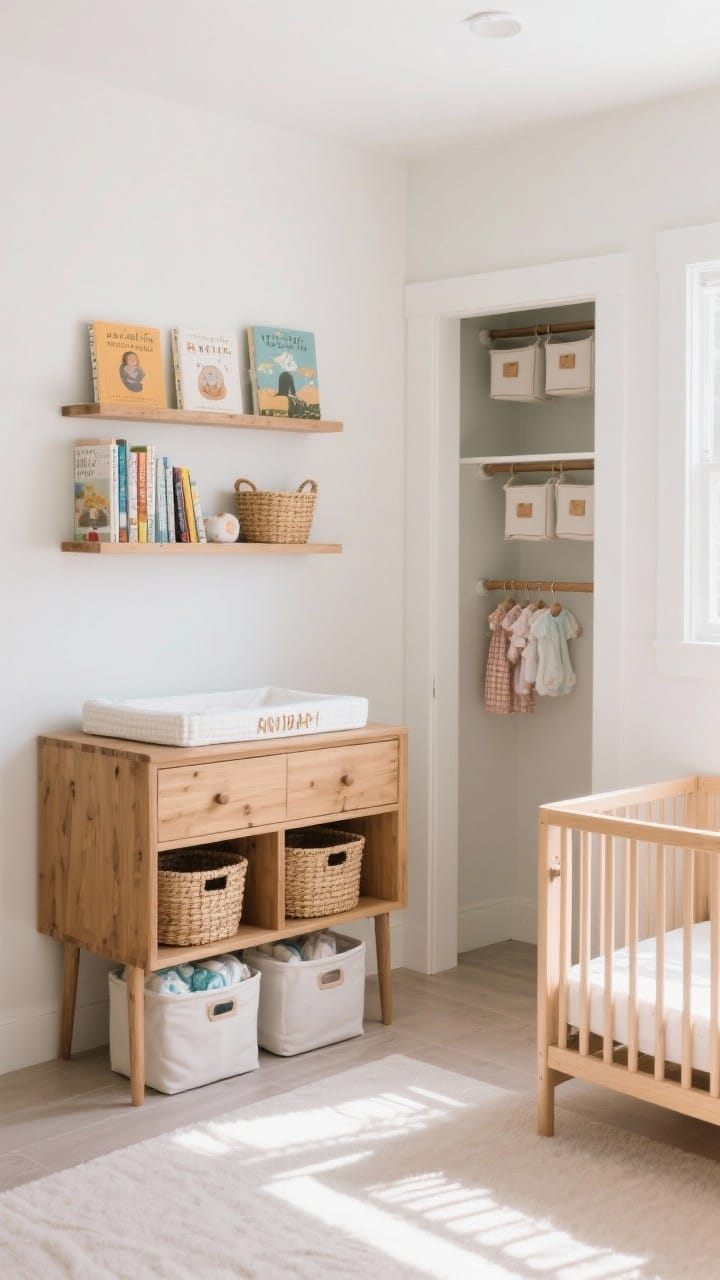 Wide view of a highly organized changing and storage zone: a natural wood dresser used as a changing table with a topper, labeled woven baskets inside open shelves, under-crib bins peeking from beneath a crib for diapers and sleep sacks, and a small closet system visible with double hanging rods and cube bins for tiny clothes. Wall shelves/book ledges displaying curated books and baskets. Bright, clean daytime light, photorealistic.