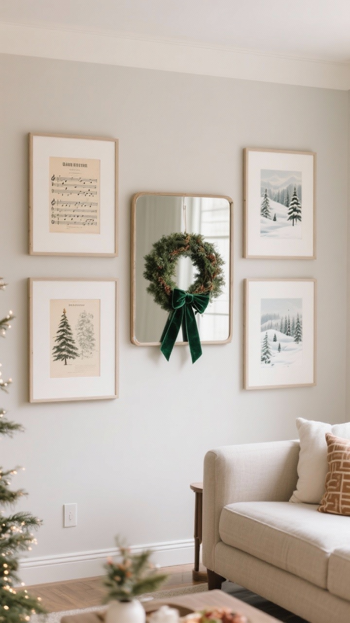 Wide wall shot of a living room with smart holiday art swaps: neutral frames holding vintage holiday printables—music sheets and snowy landscape prints—arranged within an existing gallery. A small wreath hangs centered on a mirror with a deep green velvet ribbon. The overall palette remains neutral so the frames can be reused each season. Gentle, even daylight with subtle warm accents from nearby decor.
