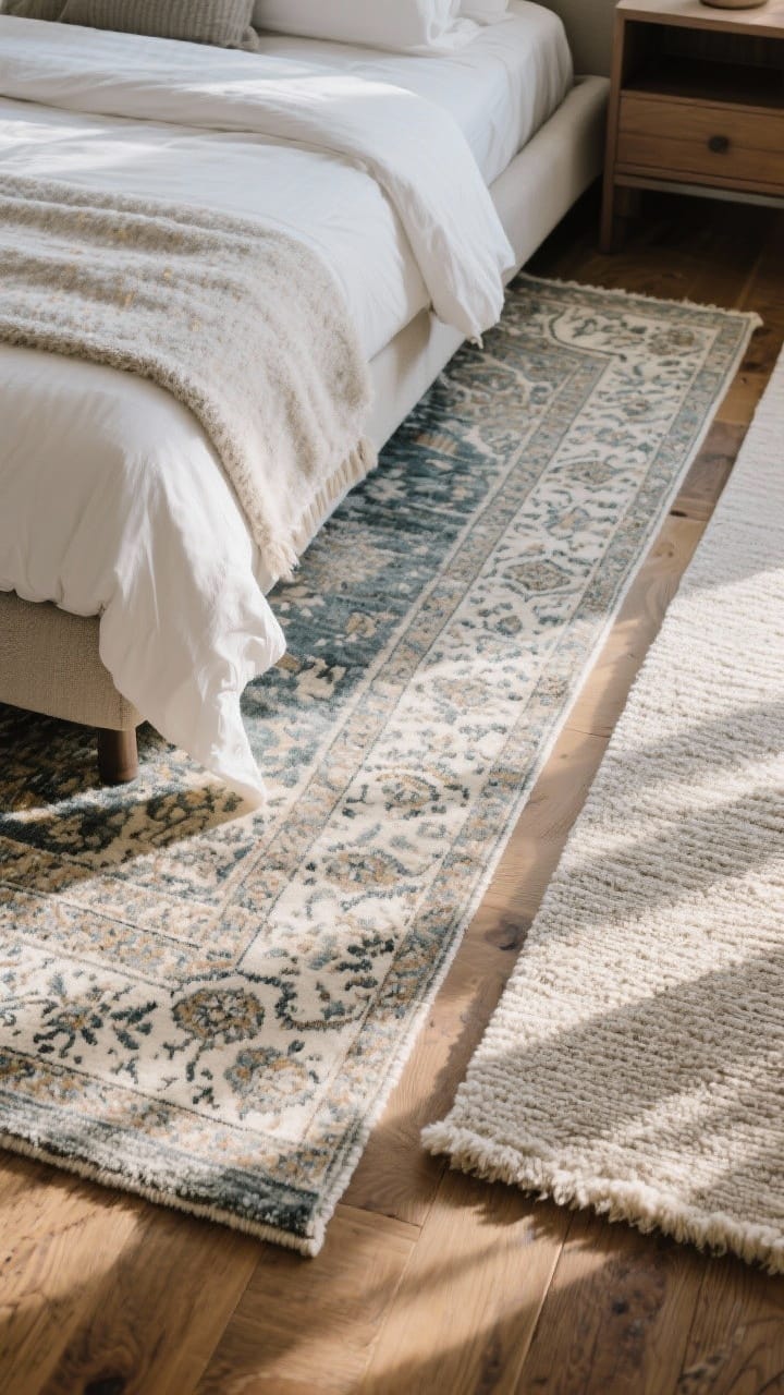 Overhead view of a muted wool rug layered over hardwood beside a bed with a thick rug pad peeking at the corner