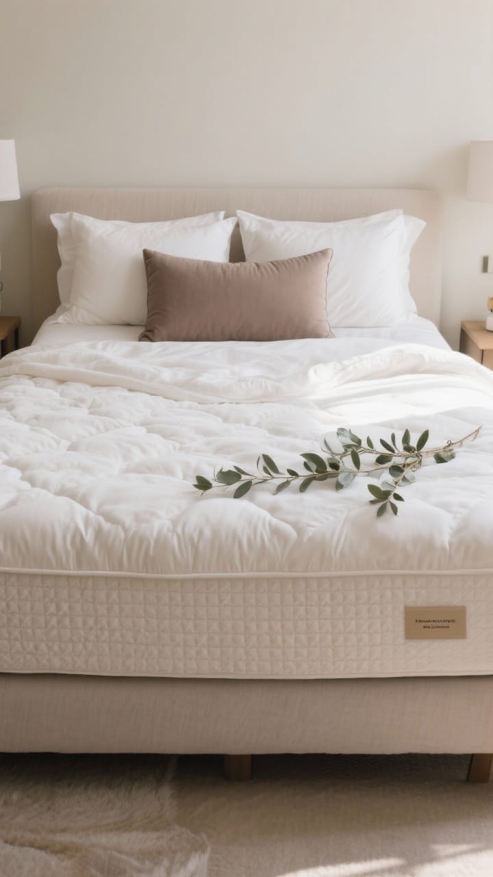 Plush boutique style bed with a lofty duvet, a mushroom taupe quilt at the foot, two euro shams and a centered lumbar pillow
