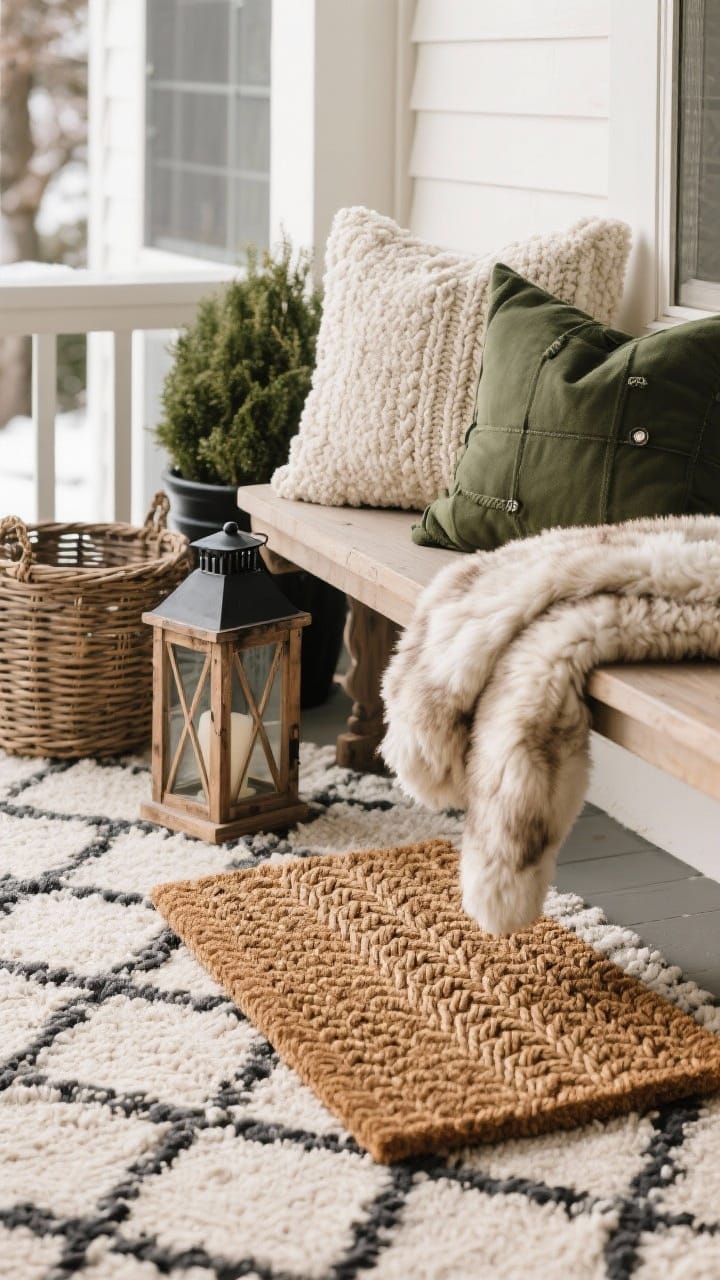 Layered winter porch textures with a neutral outdoor rug, a patterned coir doormat on top, cable knit and sherpa pillows on a bench, and a soft faux-fur throw in cream, charcoal, and pine green.