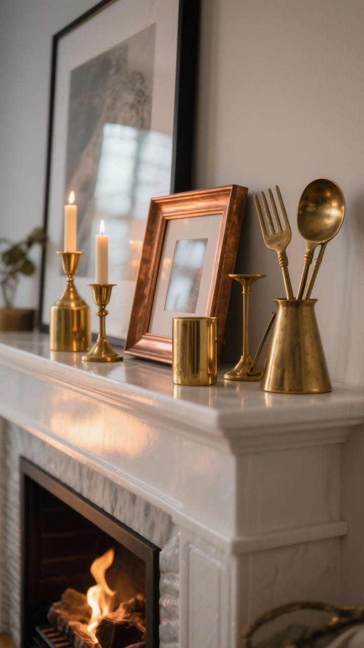 Medium closeup of subtle metallic accents catching firelight: mixed warm metals: brushed brass and antique gold candleholders, a copper picture frame, grouped on the mantel; matte brass fireplace tool set standing nearby; low, cozy evening lighting with gentle reflections, no harsh glare; three-quarter angle to capture metallic sheen, photorealistic.