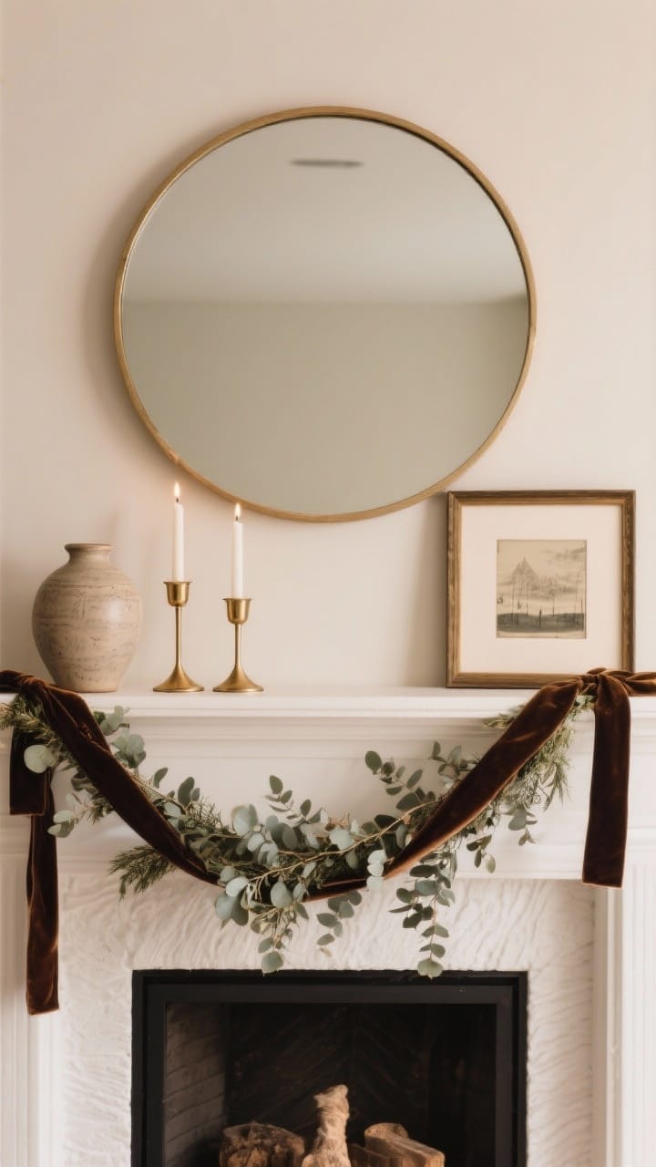 Wide straight-on shot of a balanced winter mantel vignette: a large round mirror as the hero piece anchors the center; grouped objects in threes at varied heights: brass candleholders, a ceramic vase, and a smaller framed print, arranged asymmetrically; a trailing eucalyptus garland with velvet ribbon adds movement; clean, edited composition with one empty space for breathing room; warm, cozy lighting, photorealistic.