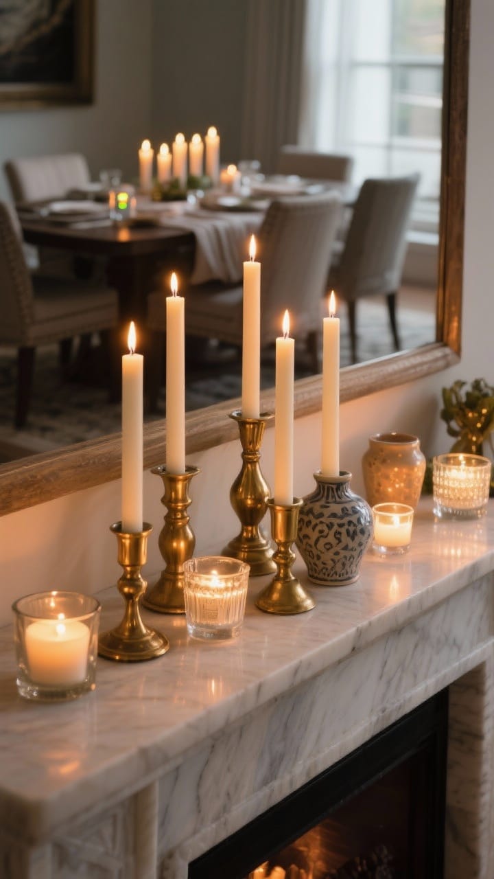 Candle arrangement on a mantle: an odd-numbered cluster of tapers, pillars, and tea lights at varied heights in heavy holders; a mix of brass, ceramic, and glass; rechargeable LED tapers among them; warm flicker reflecting off surfaces, textiles kept at a safe distance, low-light glow.