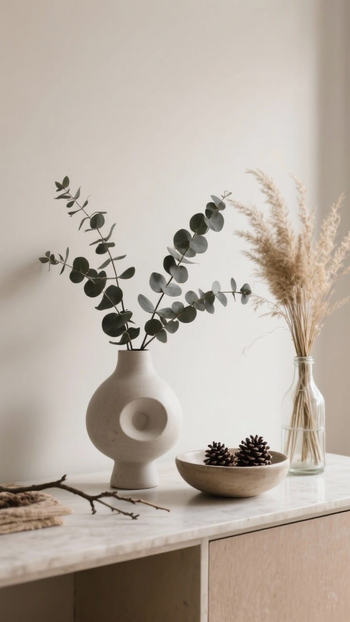 Natural styling on a console: a sculptural ceramic vase holding a monochrome arrangement of eucalyptus branches; a shallow bowl with pinecones and twigs; a bundle of dried grasses in a clear bottle; minimal organic shapes; neutral background, soft daylight emphasizing natural textures.