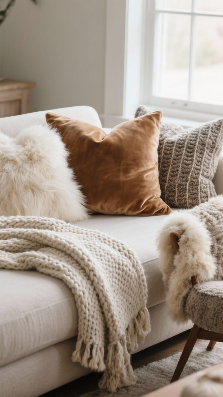 Closeup of layered textures on a neutral-toned sofa: a chunky knit throw over a lighter linen blanket, with velvet, faux fur, and woven wool pillows in creamy white, mushroom beige, caramel, and warm gray; a soft sheepskin tossed over a nearby accent chair; muted palette with visible weave, soft window light.