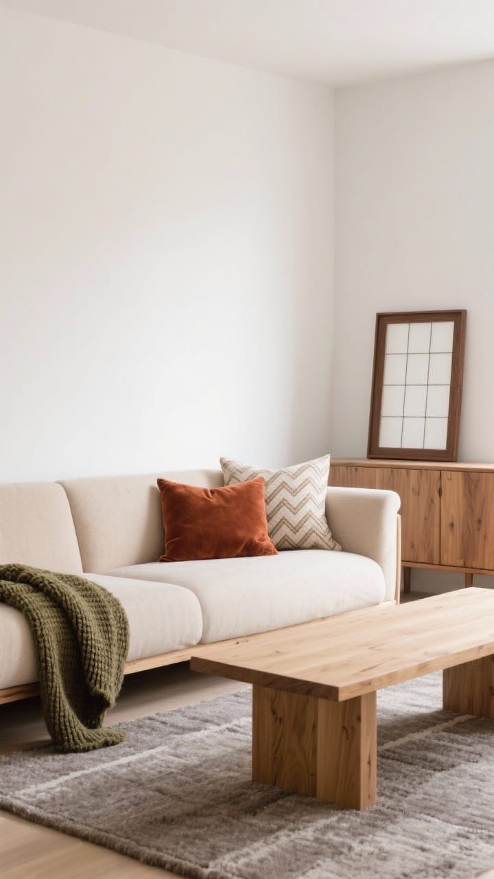 Neutral living room vignette: creamy white walls, mushroom beige sofa, warm gray rug, layered woods (light oak, ash, walnut); pillows in subtle herringbone and windowpane patterns; a rust velvet cushion and an olive knit throw add restrained color; soft diffused daylight, calm cohesive palette.