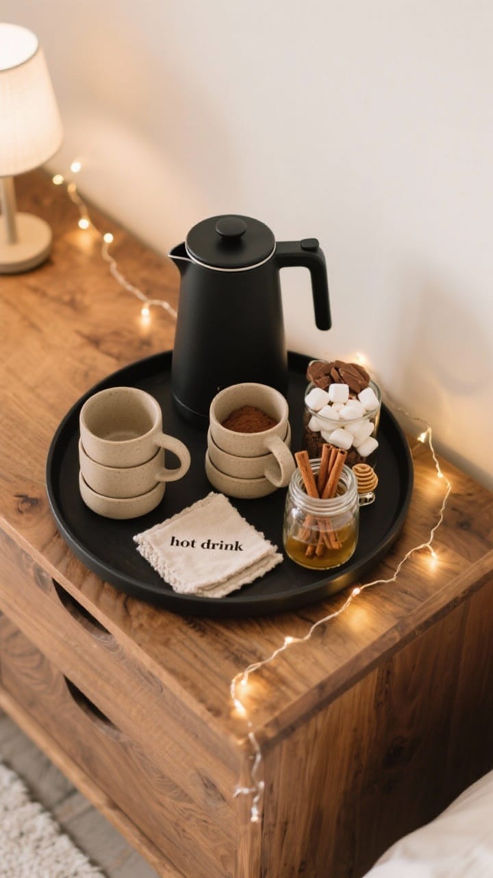 Overhead view of a hot drink station on a wooden sideboard: a round tray with a matte black electric kettle, stacked stoneware mugs in warm neutrals, linen coasters; glass jars of marshmallows, cinnamon sticks, cocoa powder, and honey; a small lamp or warm fairy lights creating an inviting glow.