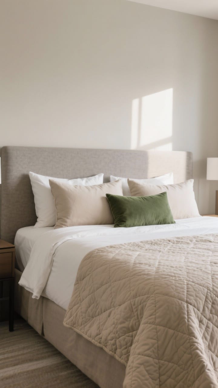 Calm, hotel-cozy bed: breathable cotton percale sheets in oatmeal, a fluffy duvet topped with a textured quilt; a pillow mix of two standards, two Euro shams, and one lumbar; soothing tones of soft taupe, stone, and oatmeal with a single deep green accent cushion; serene morning light.