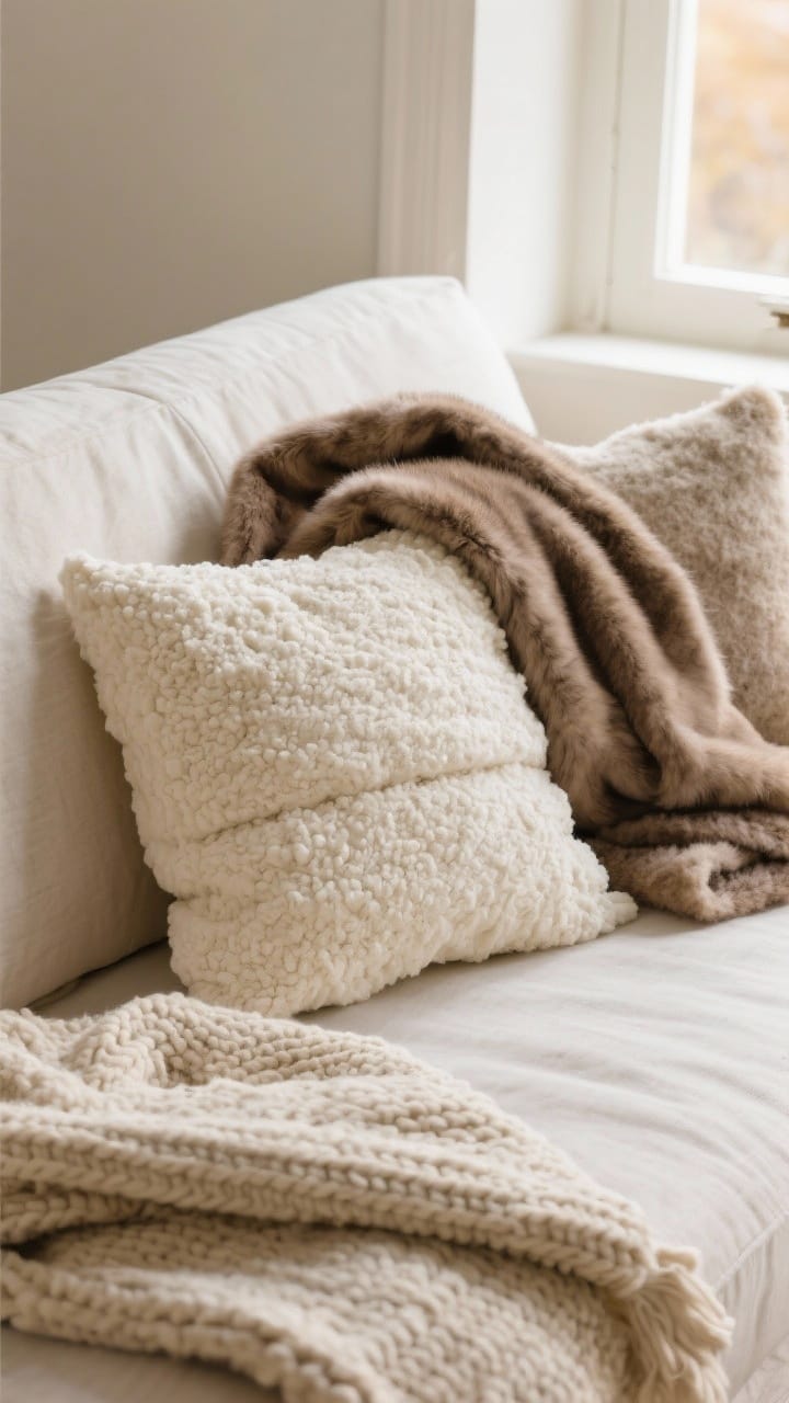 Closeup of layered winter textiles on a neutral linen sofa: a cream boucle pillow against an ivory linen cushion, topped with a draped taupe faux fur throw and a chunky knit beige throw, in warm afternoon window light