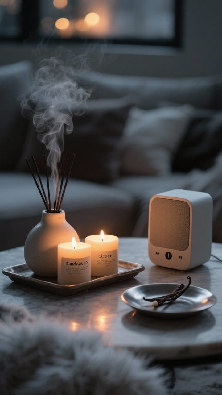 Intimate evening vignette of scent and sound: a ceramic diffuser, a trio of candles on a small tray, and a minimal speaker, with matte finishes and warm candle glow reflecting on a pewter dish, in a cozy winter retreat mood