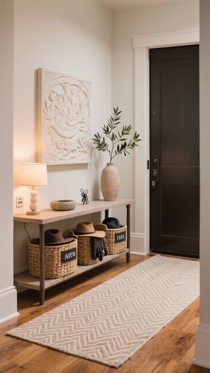 Entryway from a corner angle: a neutral herringbone runner on warm wood floors, woven baskets beneath a console, a stone catchall for keys, and a tall vase with a single olive branch, with a soft-glow lamp casting warm light