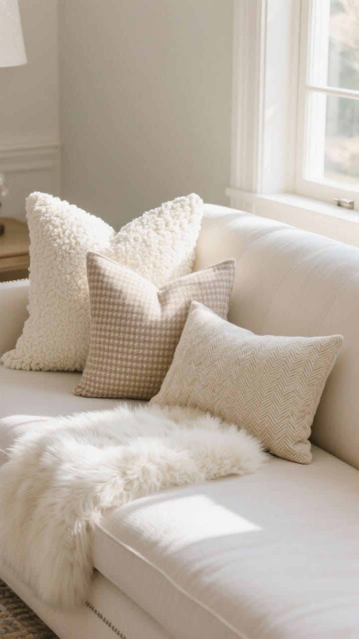 A sofa styled with pillow math: two large cream boucle pillows, two medium herringbone and micro-check pillows in beige and taupe, finished with one long ivory faux fur lumbar, in natural window light