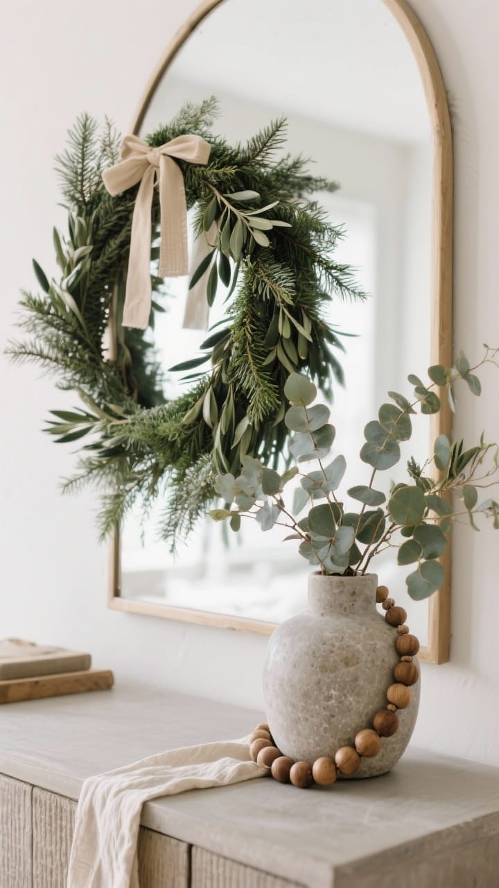Vignette of neutral-friendly greens: a loose cedar and juniper garland over a console mirror, olive branches in a stone vase and eucalyptus stems in a ceramic vessel, with wood beads and oatmeal linen ribbon, in soft morning light