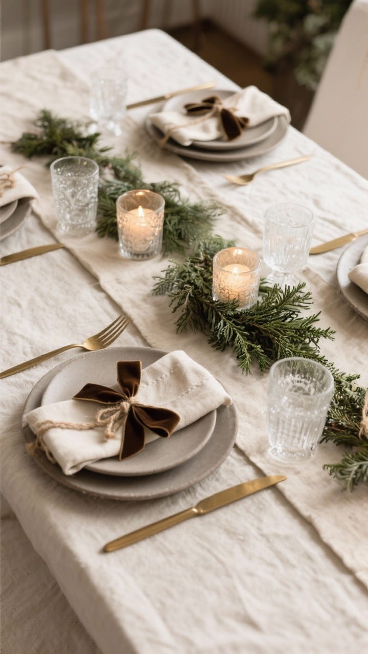 Overhead view of a tone-on-tone winter tablescape: an oatmeal linen runner, matte stoneware plates in cream and warm gray, brushed brass flatware, flax linen napkins tied with velvet ribbon and three low greenery arrangements with tea lights