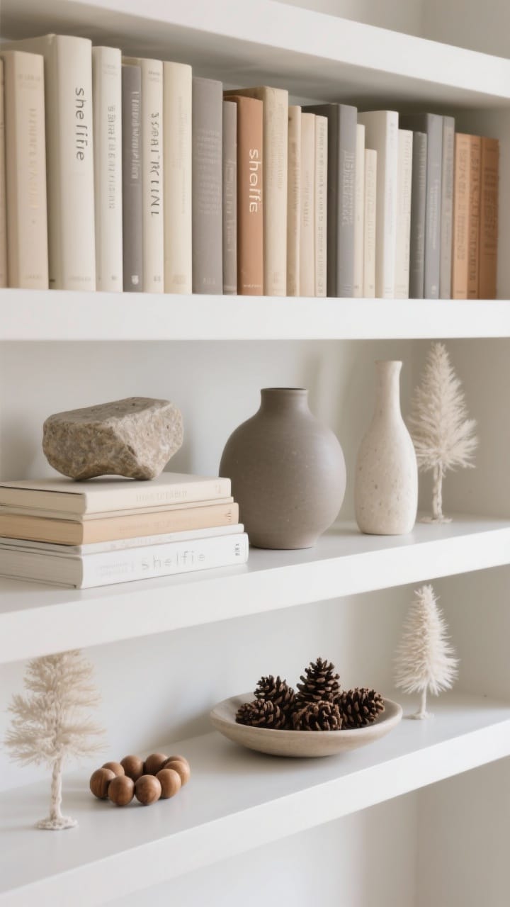 A neutral bookshelf shelfie: books grouped by color in cream, beige, taupe and warm gray with some spines turned, paired with a stone object, a matte ceramic vase, wood beads and bleached bottle brush trees, in soft daylight