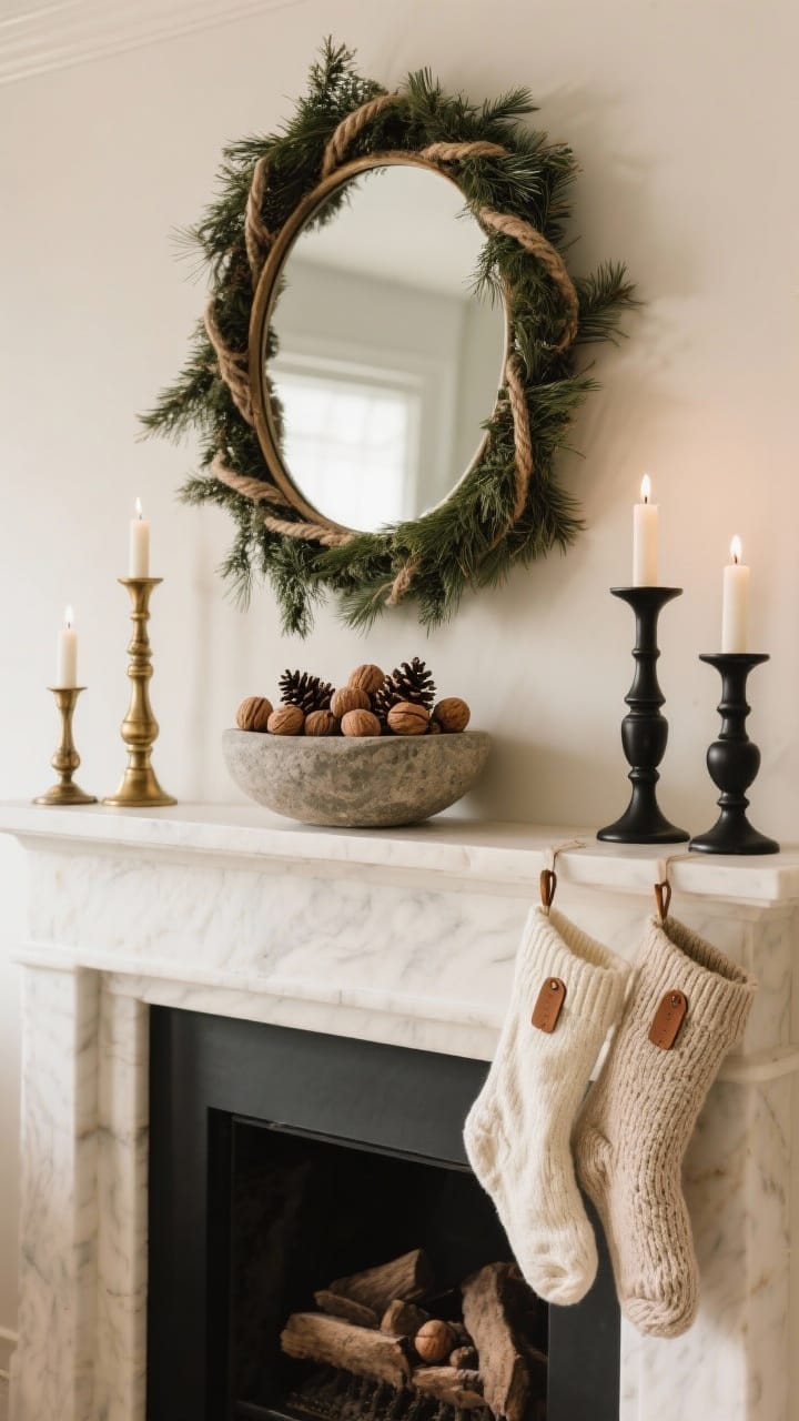 Closeup of a quiet luxe mantel: a simple round mirror anchor, a loose cedar garland tied with twine, paired antique brass and matte black candlesticks, and a stone bowl of pinecones and walnuts, with cream and oatmeal knit stockings, in soft side light