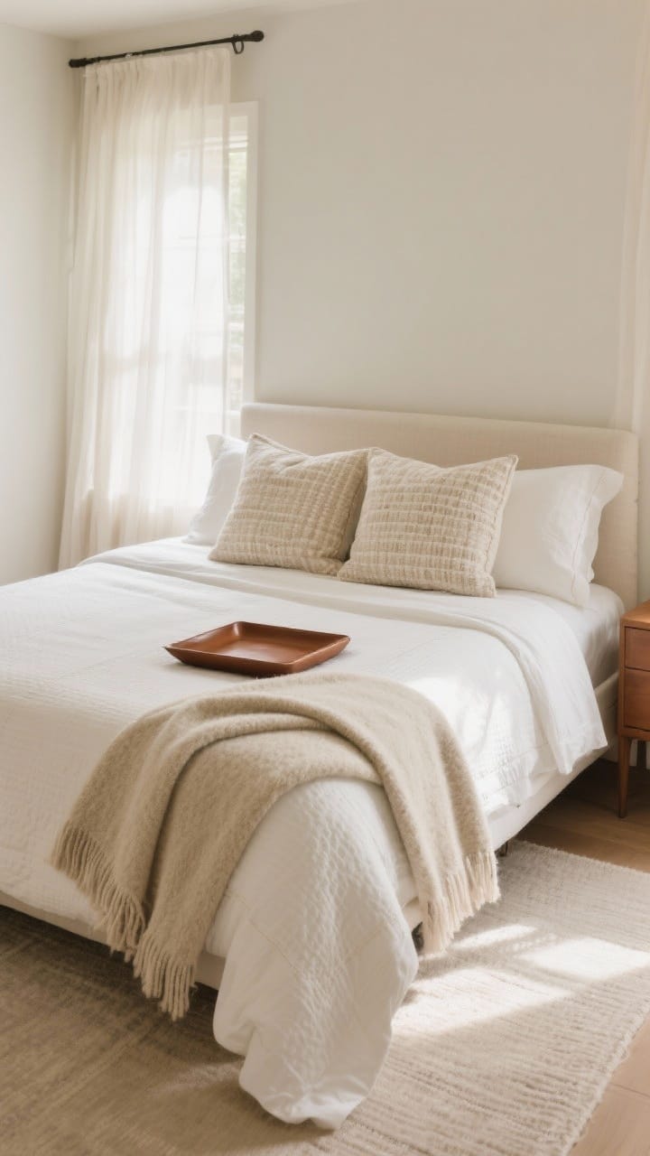 Bedroom focused on tonal bedding: ivory percale sheets, a cream matelasse duvet, a folded wool blanket at the foot, two euro pillows in subtle pattern, a long boucle lumbar, a neutral runner and a caramel leather tray, in soft morning light