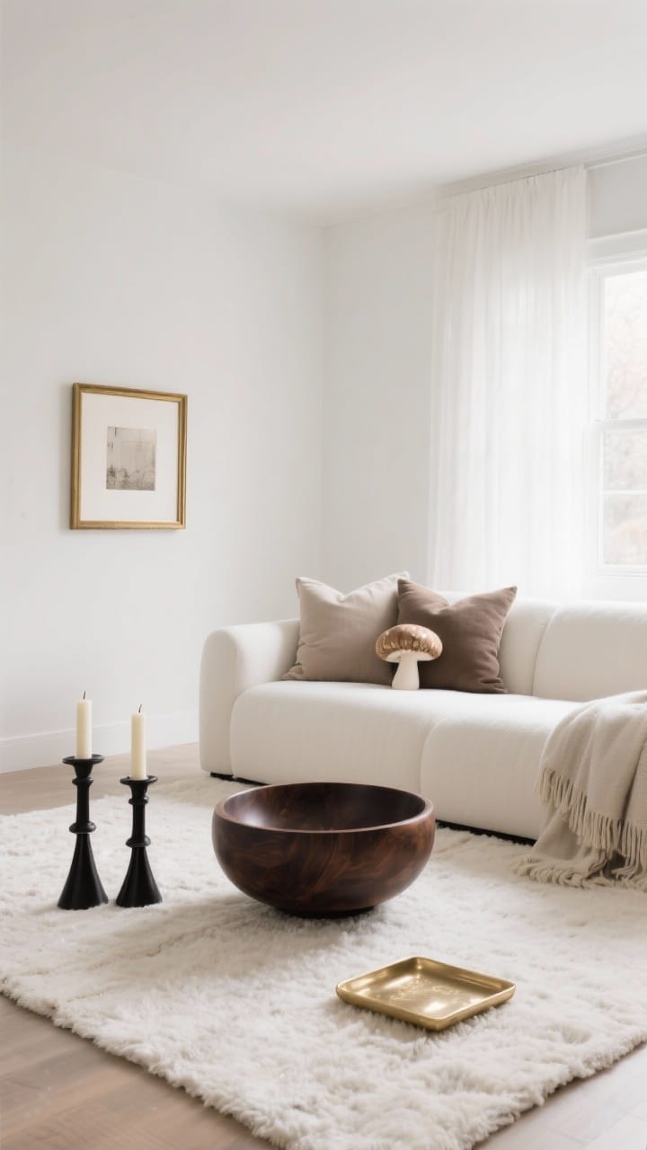 Wide living room with a calm neutral winter palette: warm white walls, a cream rug, an ivory sofa, taupe and mushroom pillows, matte black candleholders and a dark cocoa wood bowl, in soft diffused daylight