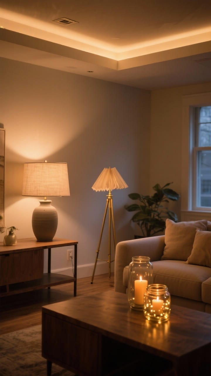 Wide shot of layered lighting in a living room: a dimmable warm overhead light, a linen-shade table lamp on a matte ceramic base, a brass floor lamp with a paper shade, and accent candlelight in glass hurricanes, in a warm evening glow