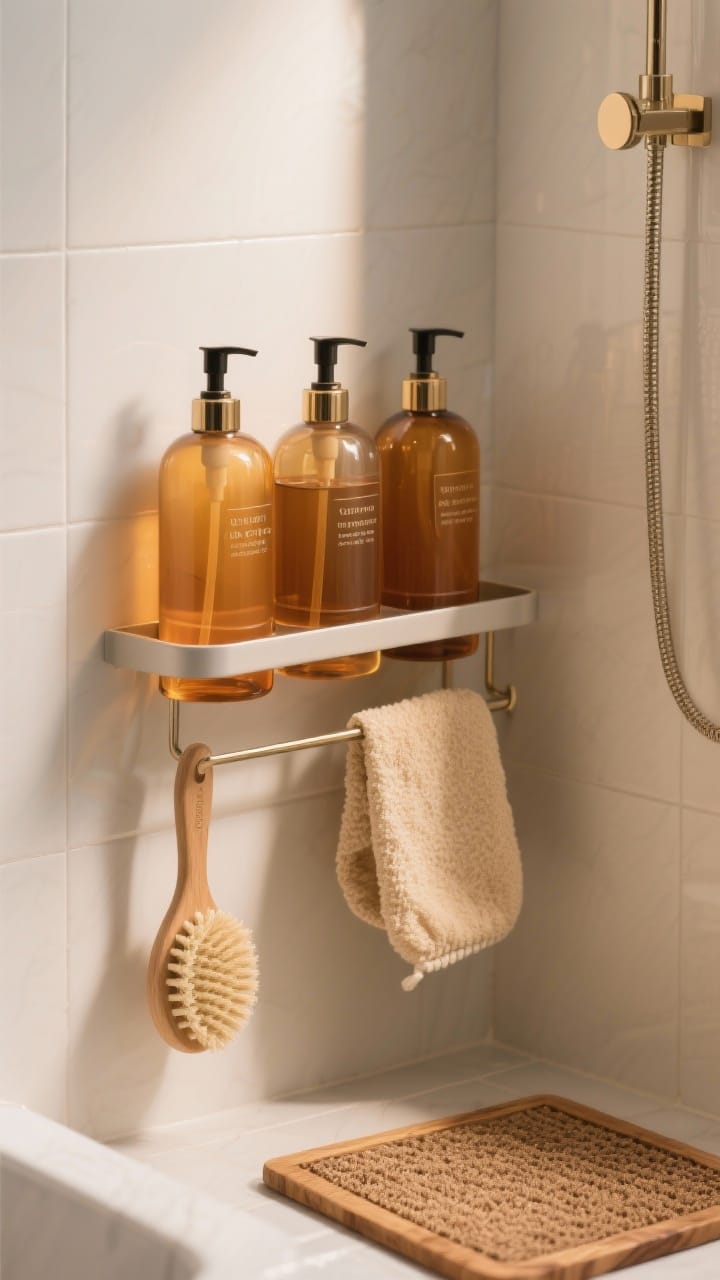 Photorealistic closeup of luxe shower essentials: uniform amber and frosted pump bottles neatly labeled on a minimal rail shelf or corner caddy, a natural bristle body brush, soft exfoliating mitt, and a teak shower mat underfoot; no neon clutter, clean lines, soft warm lighting on tile.